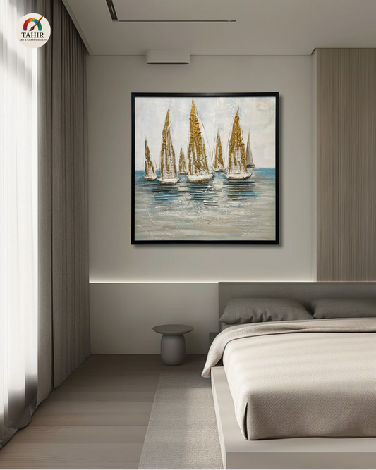 "Imported Golden Sails – Handcrafted Textured Nautical Wall Art" 30 × 30 inches