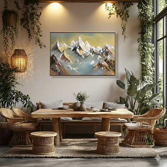 Golden Peaks – Hand-Painted Mountain Landscape Oil Painting (36 × 48 Inches, Framed)