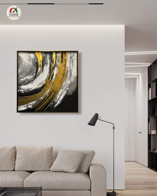 Luxury Abstract Canvas Painting – Black, White & Gold (Imported) 40 × 40 inches