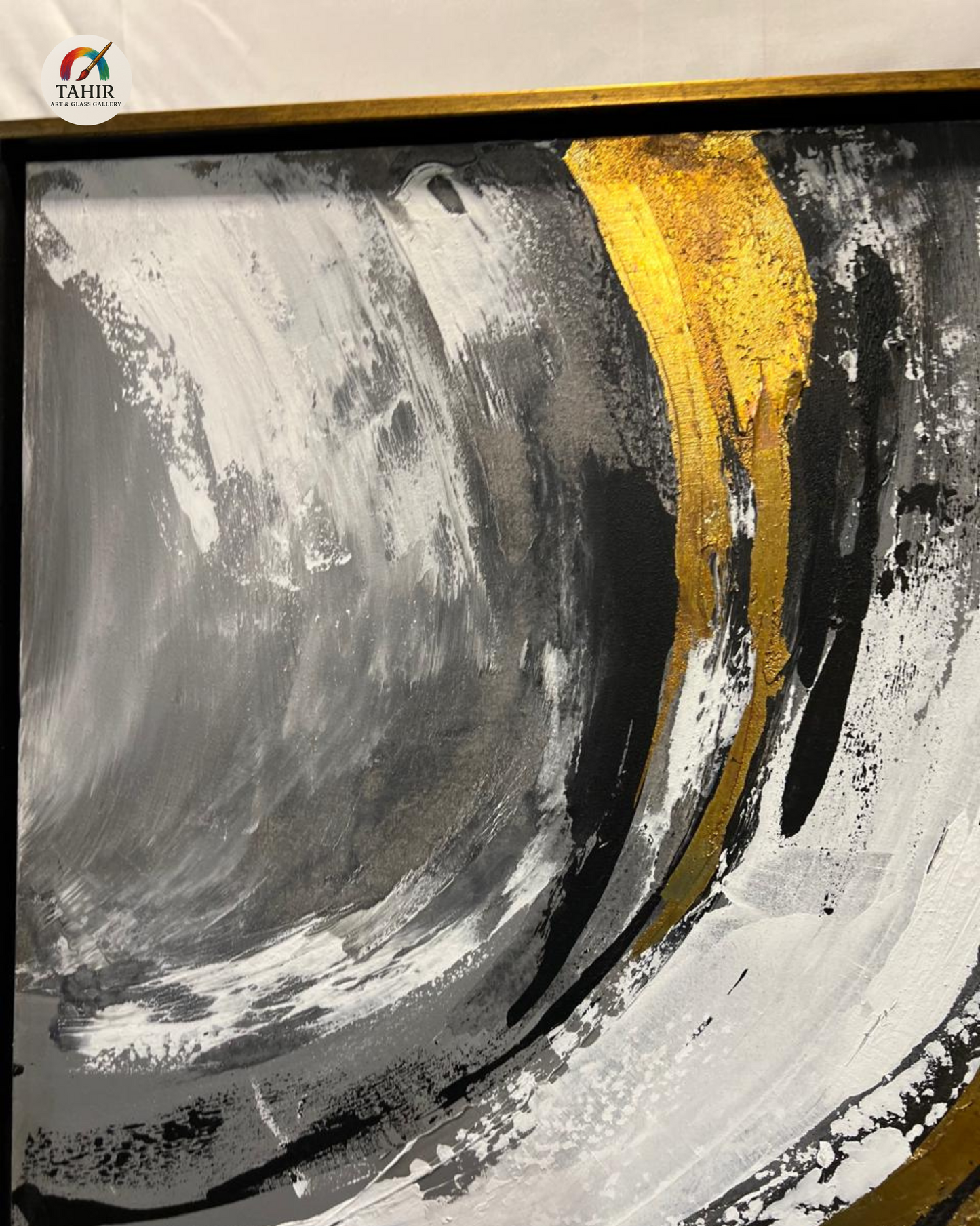 Luxury Abstract Canvas Painting – Black, White & Gold (Imported) 40 × 40 inches