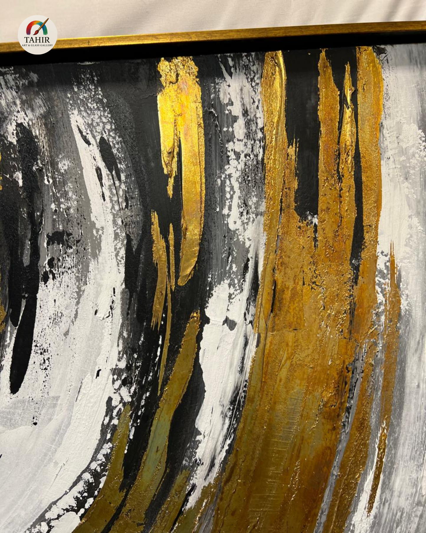 Luxury Abstract Canvas Painting – Black, White & Gold (Imported) 40 × 40 inches