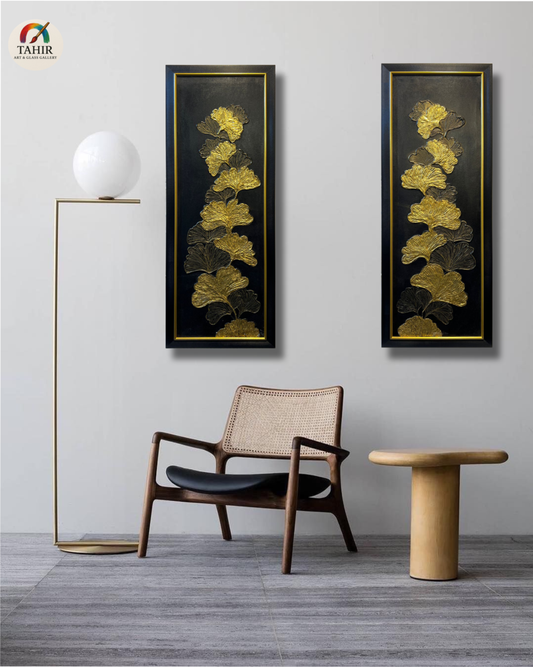 Ginkgo Leaf Wall Art Set (12x36 inches) – Gold & Black Framed