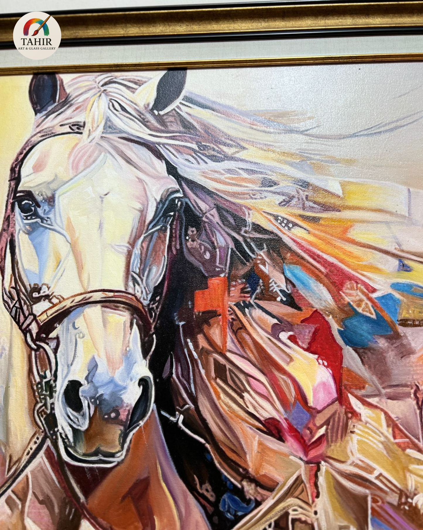 Majestic Horse Abstract Oil Painting – 42x42 Inches, Double Frame, Ready to Hang