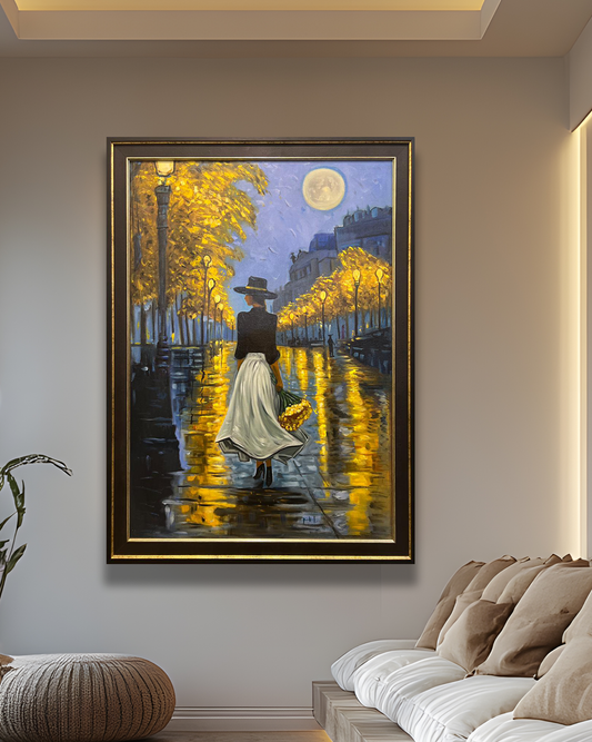 Moonlit Walk in Autumn – Handmade Oil Painting 30×42 in