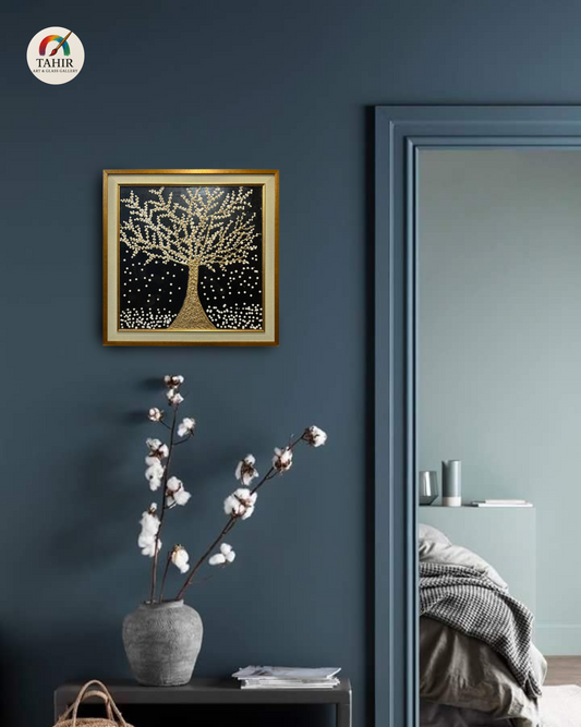 Golden Tree in Snow – Textured Handmade Painting (30x30 inches)