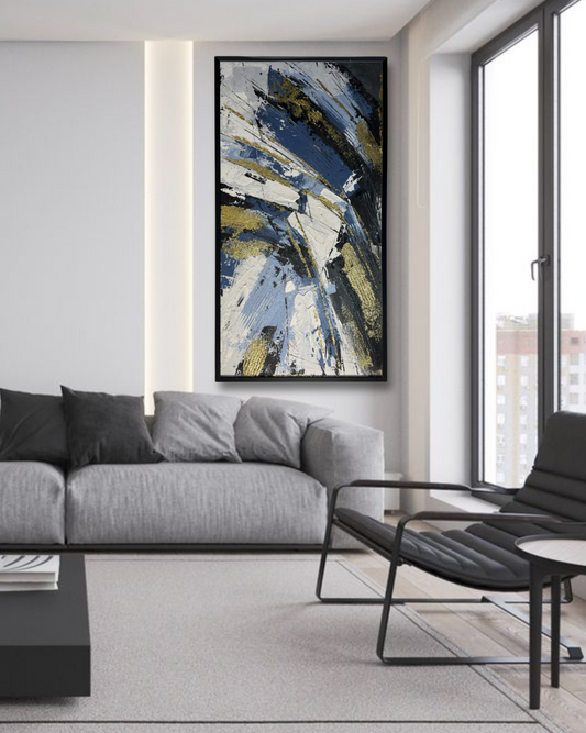 Bold Strokes – Blue, White & Gold Abstract | 24x48" Canvas
