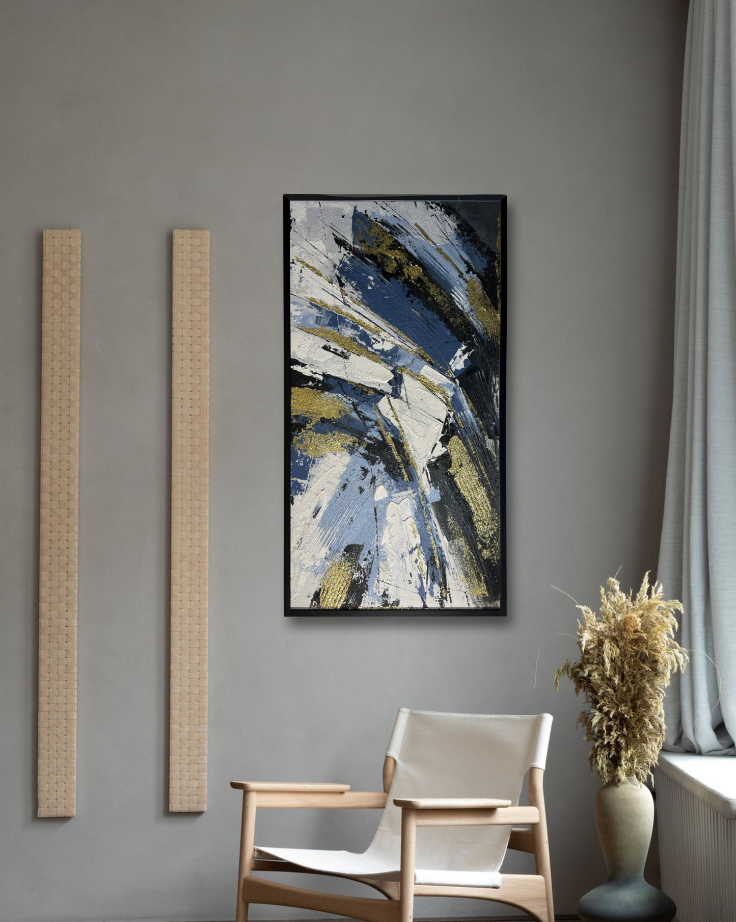 Bold Strokes – Blue, White & Gold Abstract | 24x48" Canvas