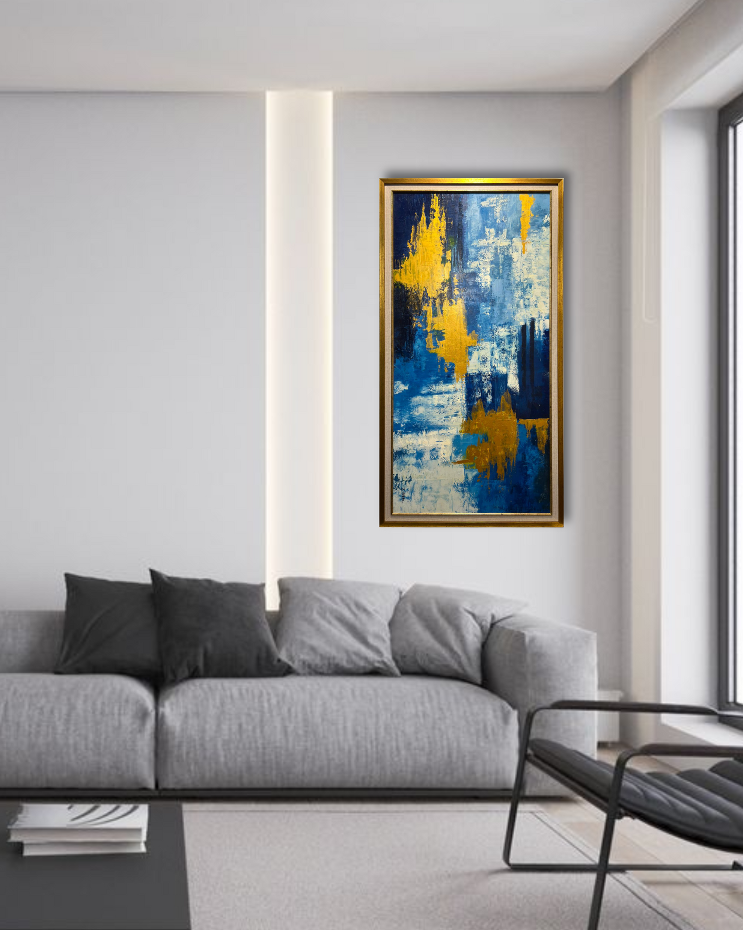 Blue & Gold Abstract Canvas – 24x48" Framed Wall Art