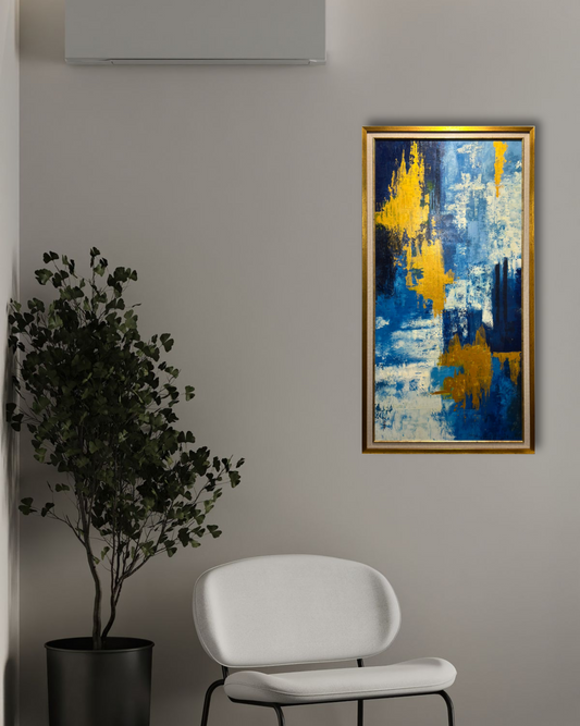 Blue & Gold Abstract Canvas – 24x48" Framed Wall Art