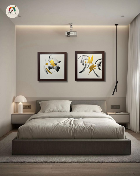 Golden & Black Brushstroke Abstract Painting – Modern Wall Décor set of 2