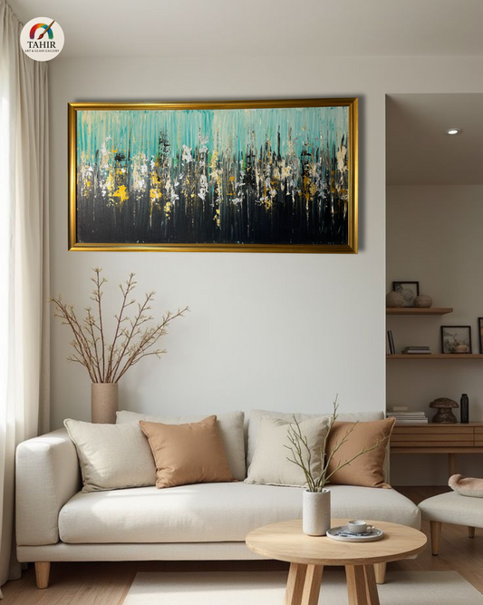 Teal & Gold Abstract Wall Art – 24x48" Framed Canvas