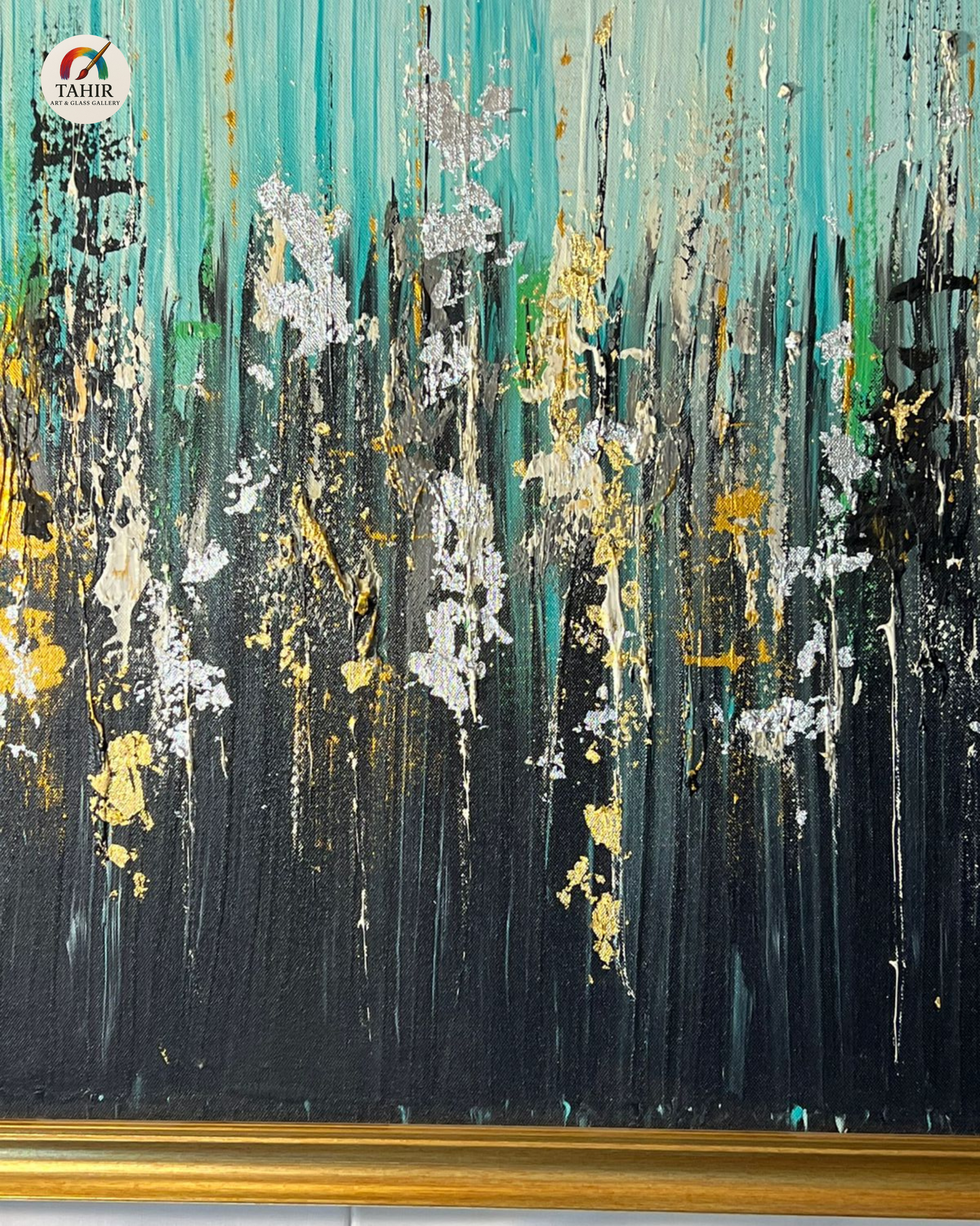 Teal & Gold Abstract Wall Art – 24x48" Framed Canvas