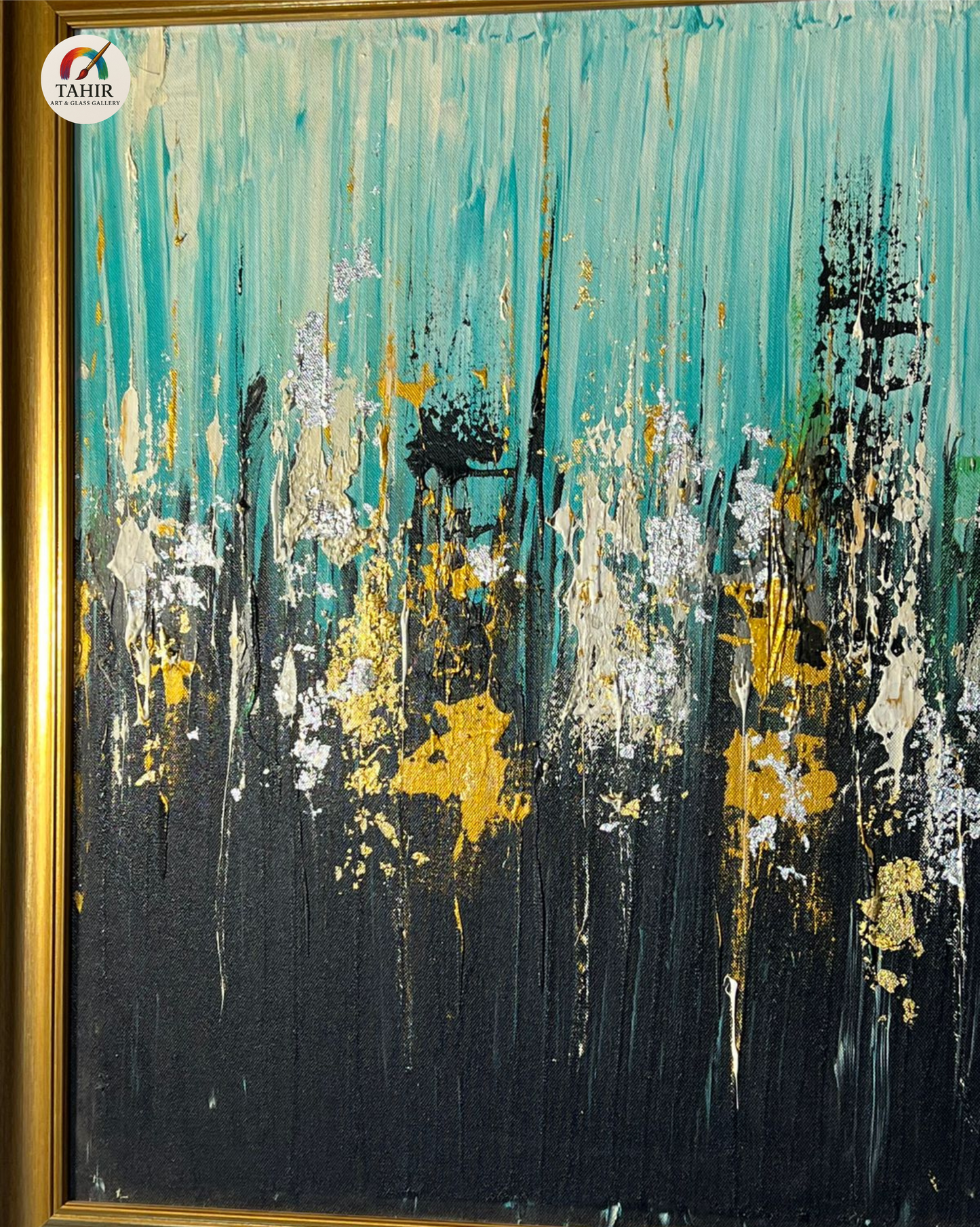 Teal & Gold Abstract Wall Art – 24x48" Framed Canvas