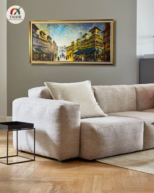 Old Street Market Scene – 24x48" Framed Canvas Art