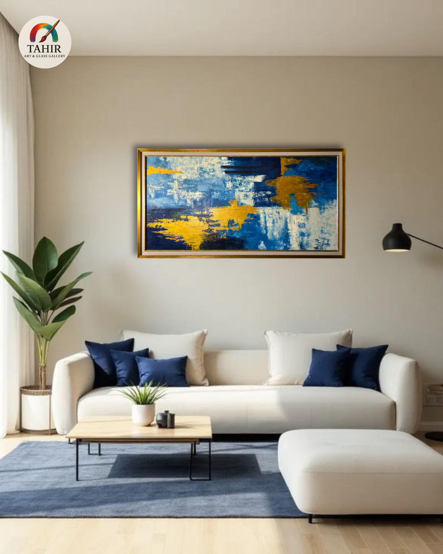 Blue & Gold Abstract Canvas – 24x48" Framed Wall Art