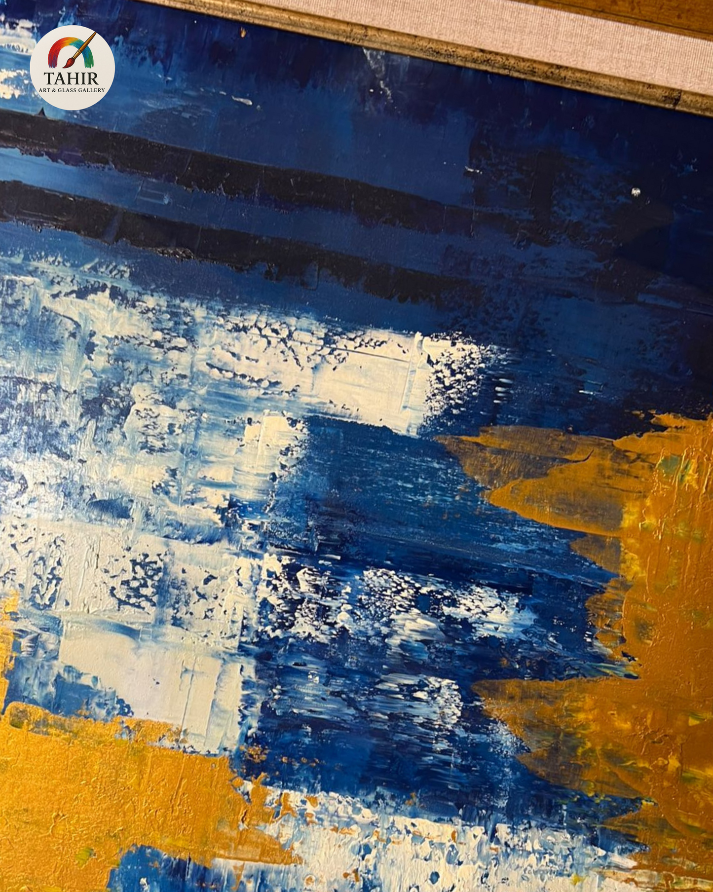 Blue & Gold Abstract Canvas – 24x48" Framed Wall Art