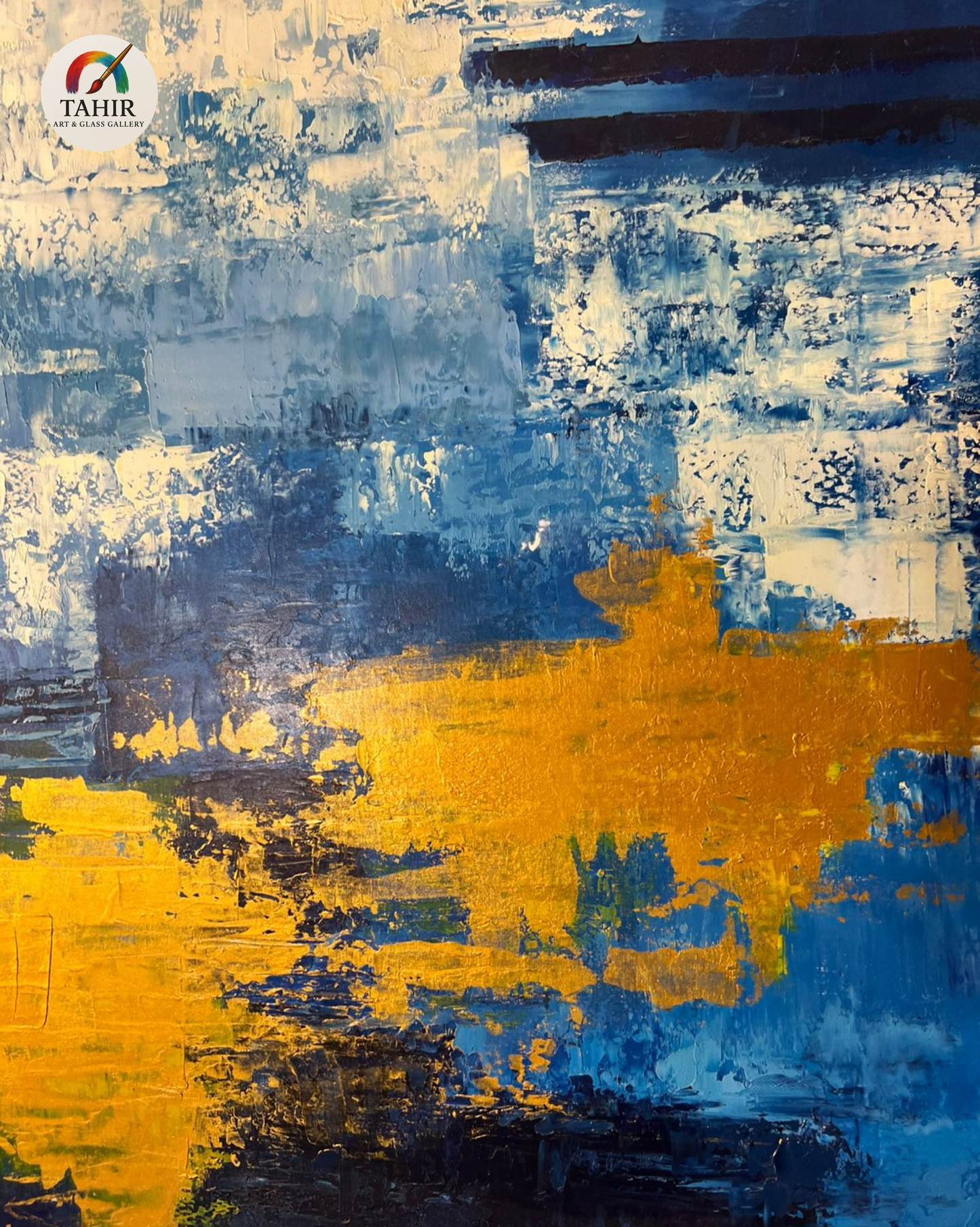 Blue & Gold Abstract Canvas – 24x48" Framed Wall Art