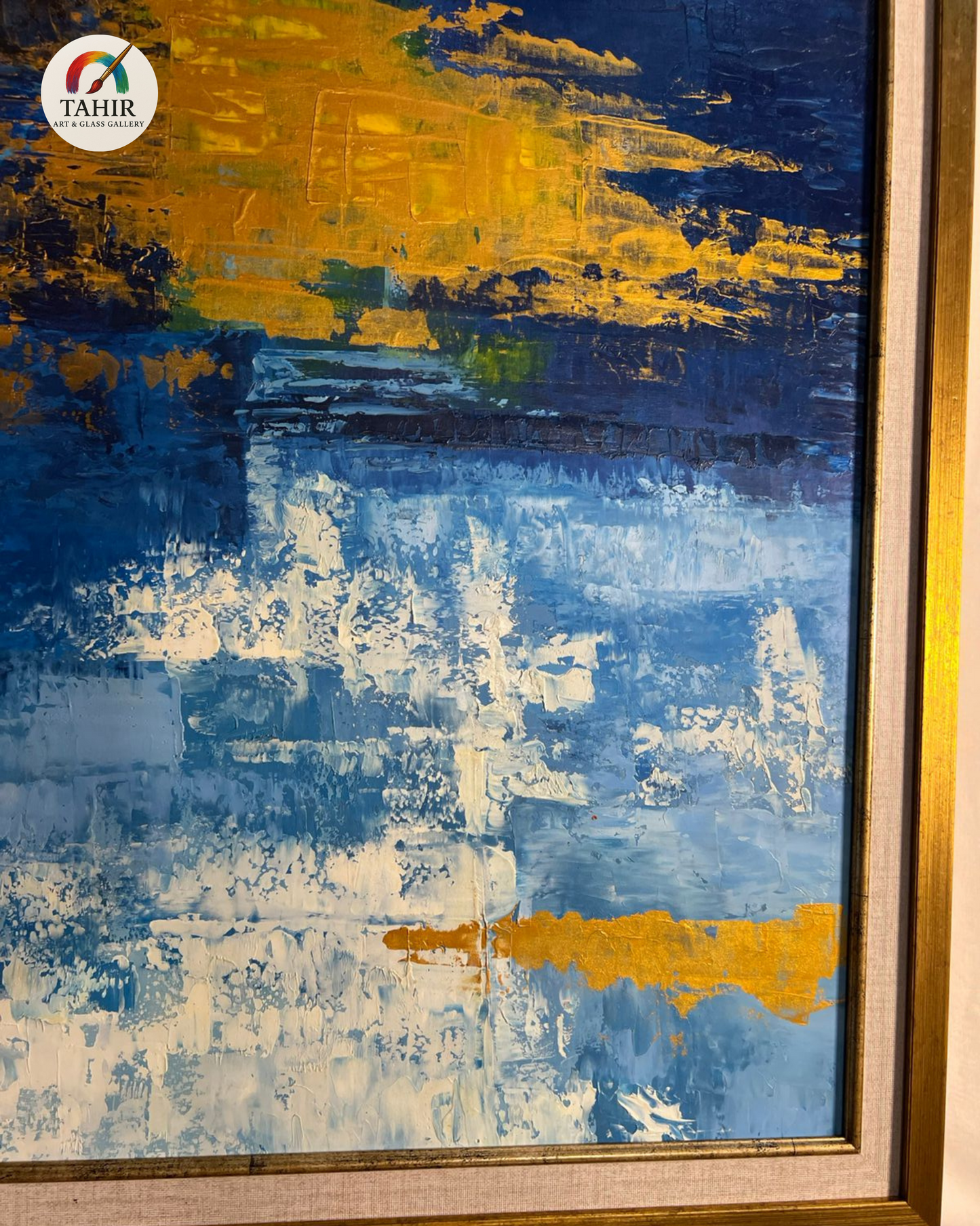 Blue & Gold Abstract Canvas – 24x48" Framed Wall Art