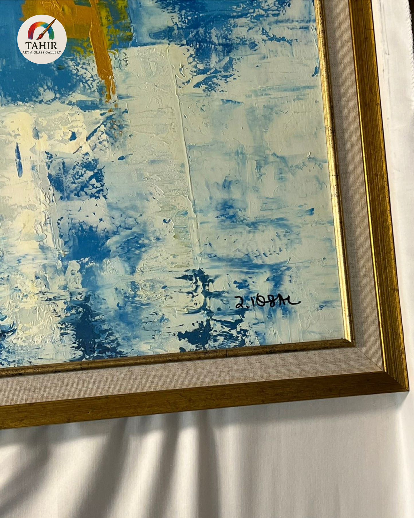 Blue & Gold Abstract Canvas – 24x48" Framed Wall Art