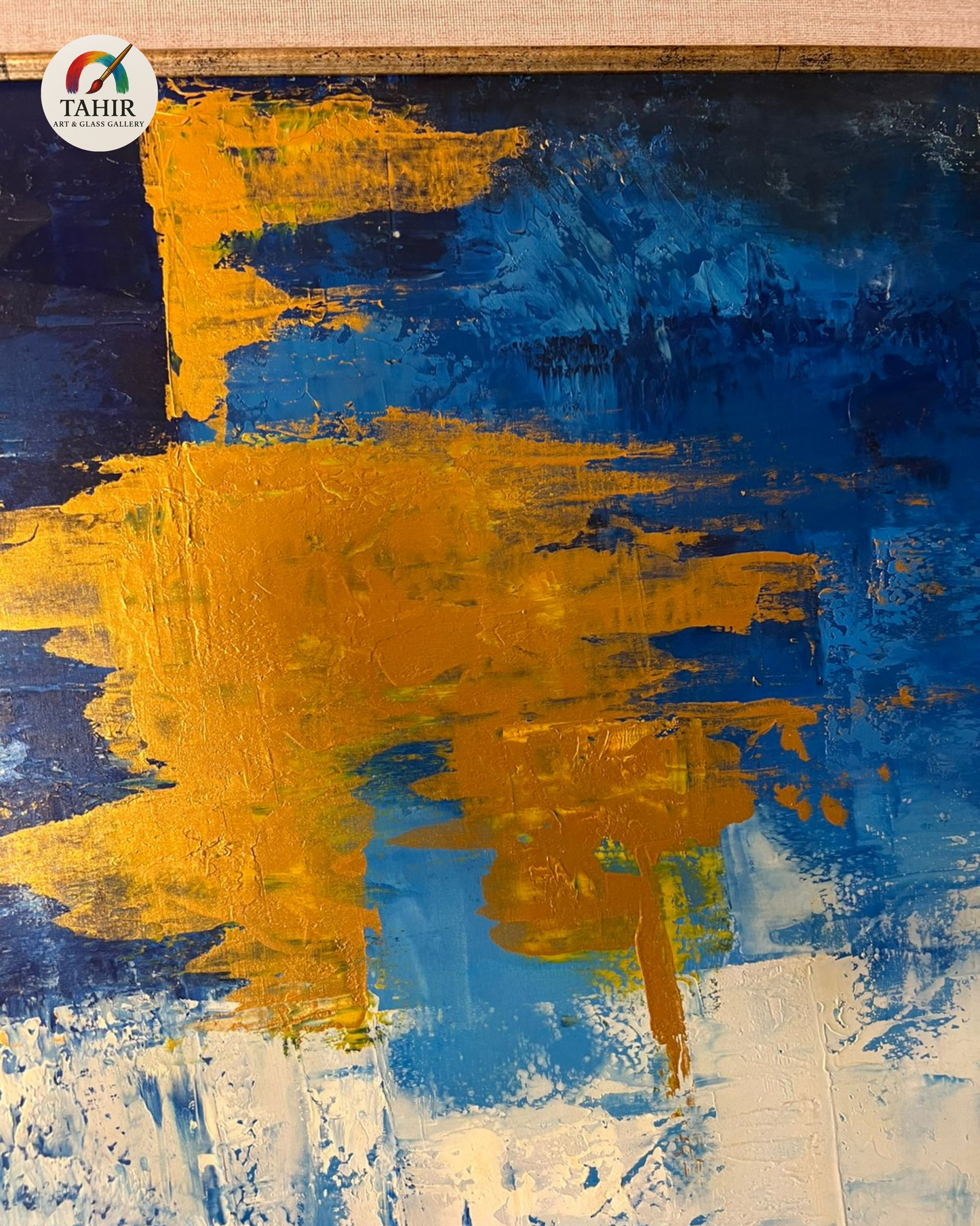 Blue & Gold Abstract Canvas – 24x48" Framed Wall Art