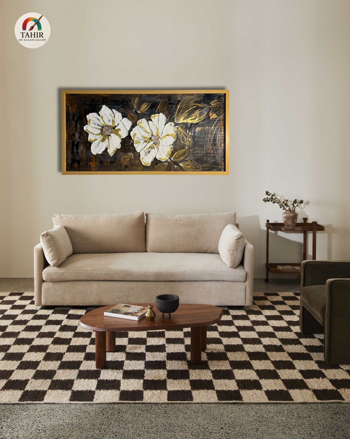 Floral Elegance – White & Gold Flowers on Black | 24x48" Canvas