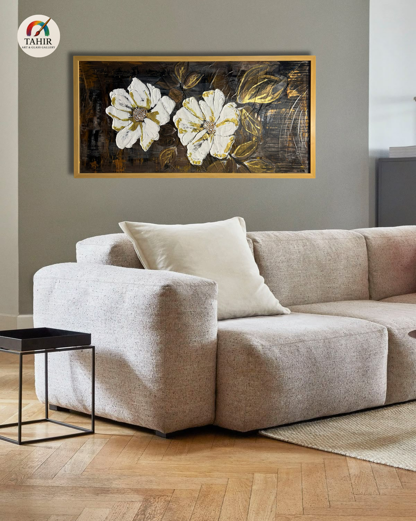 Floral Elegance – White & Gold Flowers on Black | 24x48" Canvas