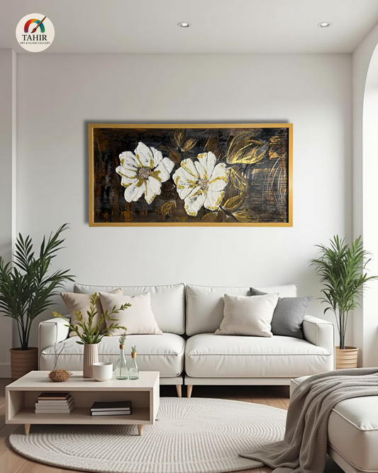 Floral Elegance – White & Gold Flowers on Black | 24x48" Canvas