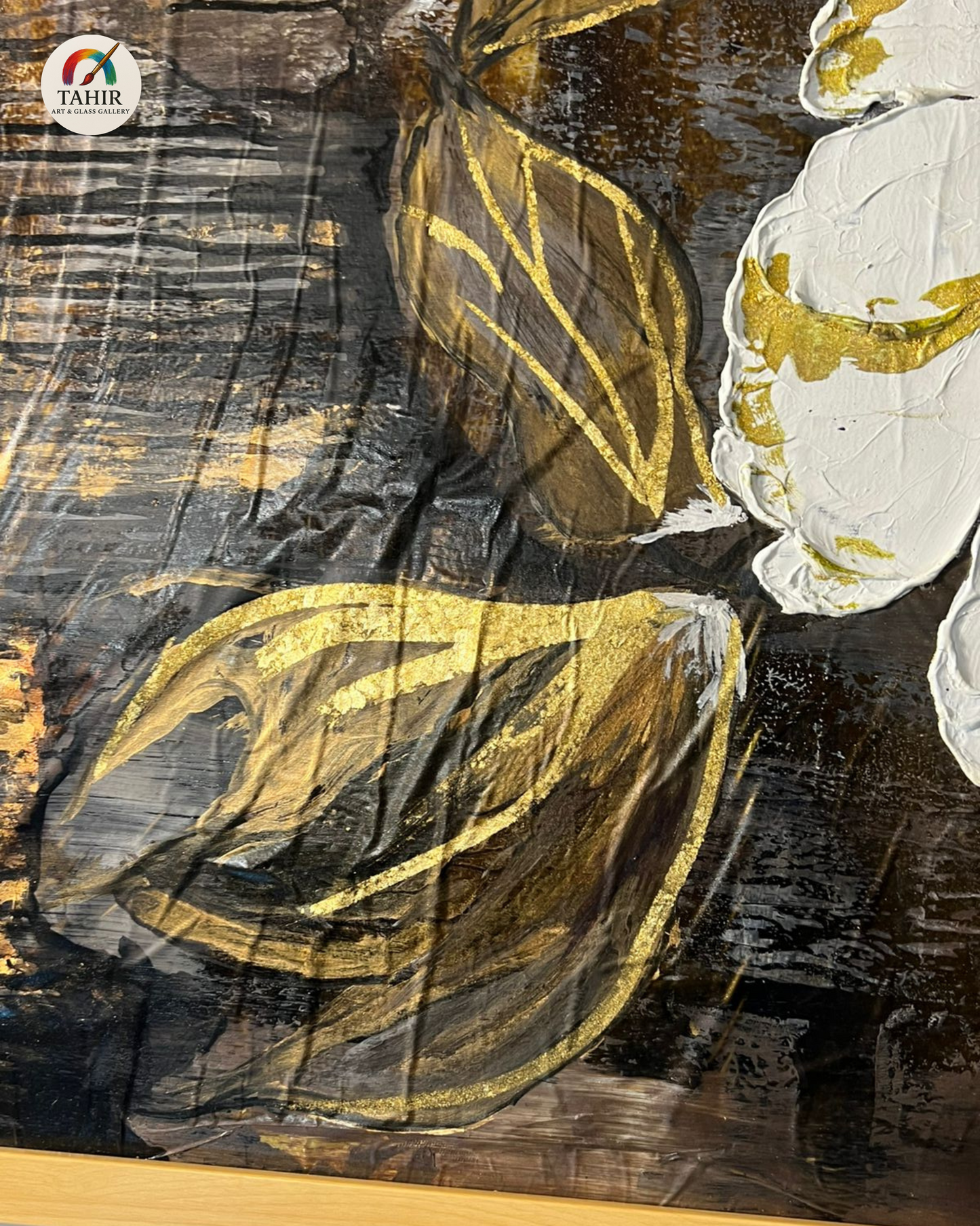 Floral Elegance – White & Gold Flowers on Black | 24x48" Canvas
