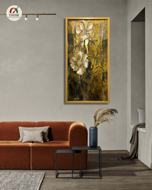 Golden Bloom – Vertical Floral Canvas | 24x48" Framed Art