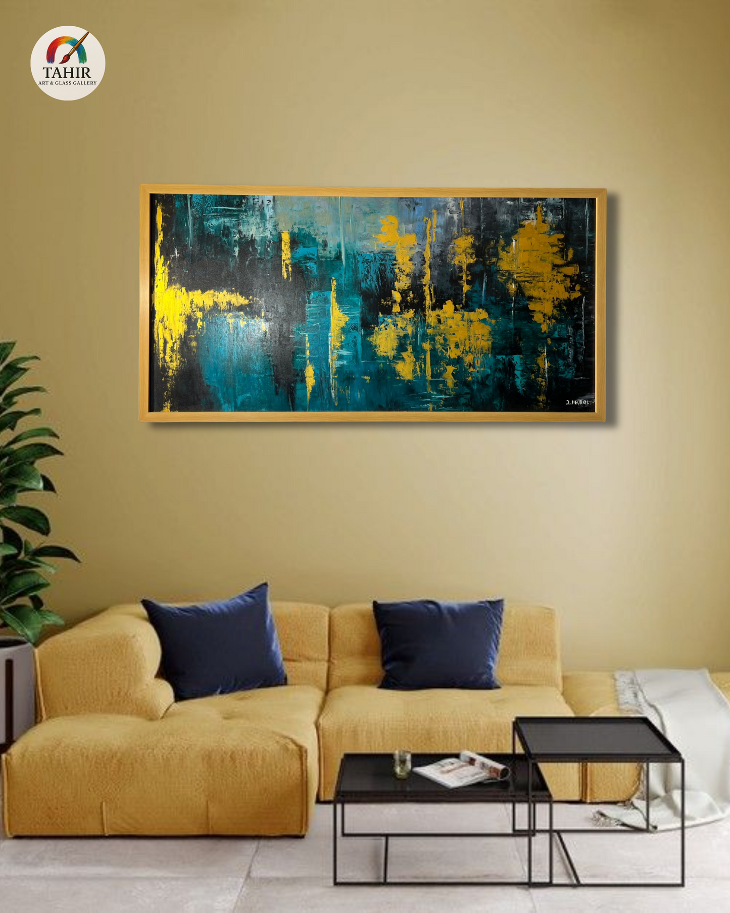 Teal & Yellow Abstract by Zafar Iqbal – 24x48" Framed Canvas