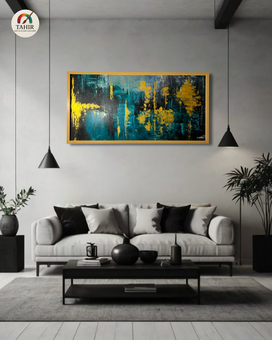 Teal & Yellow Abstract by Zafar Iqbal – 24x48" Framed Canvas