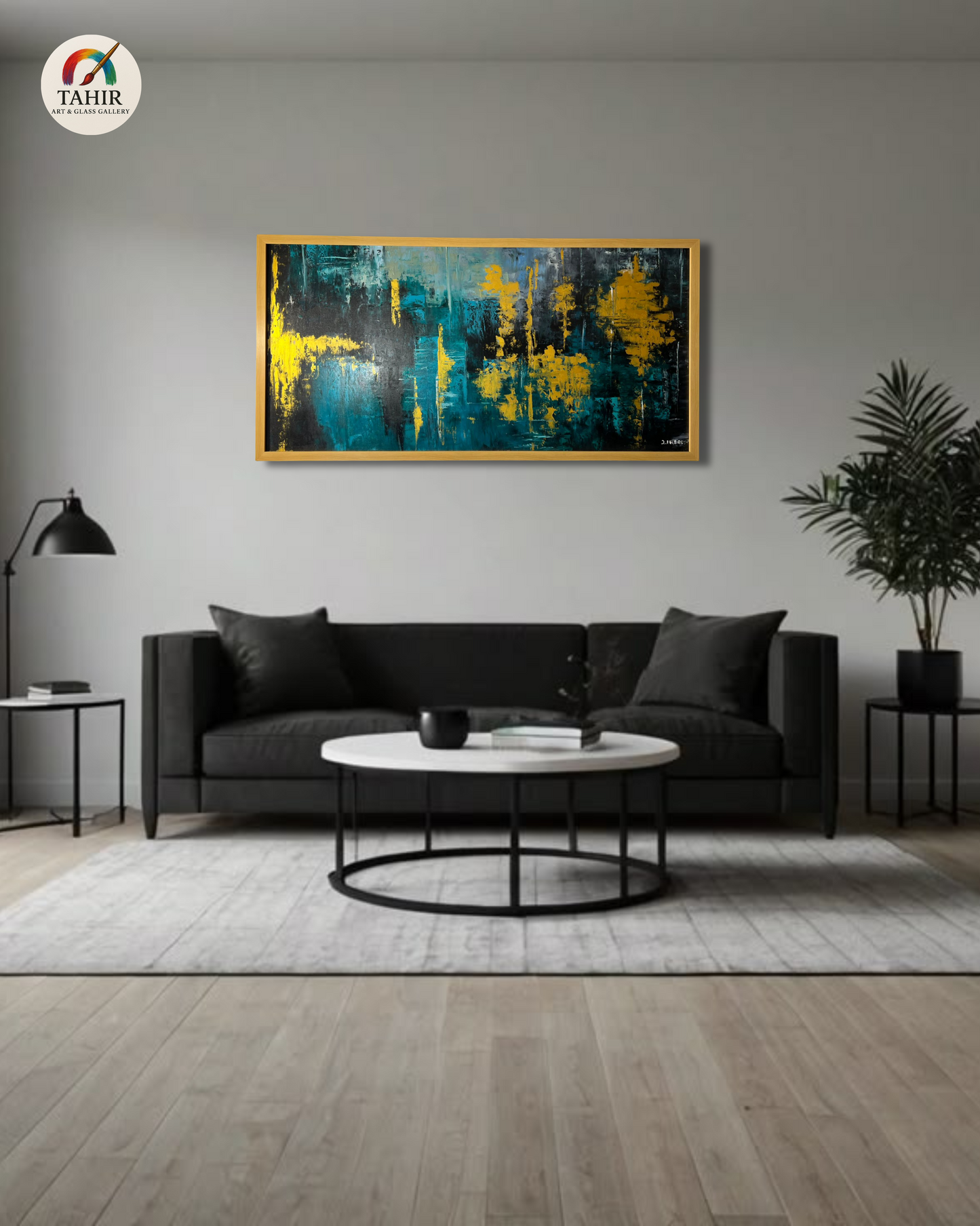 Teal & Yellow Abstract by Zafar Iqbal – 24x48" Framed Canvas