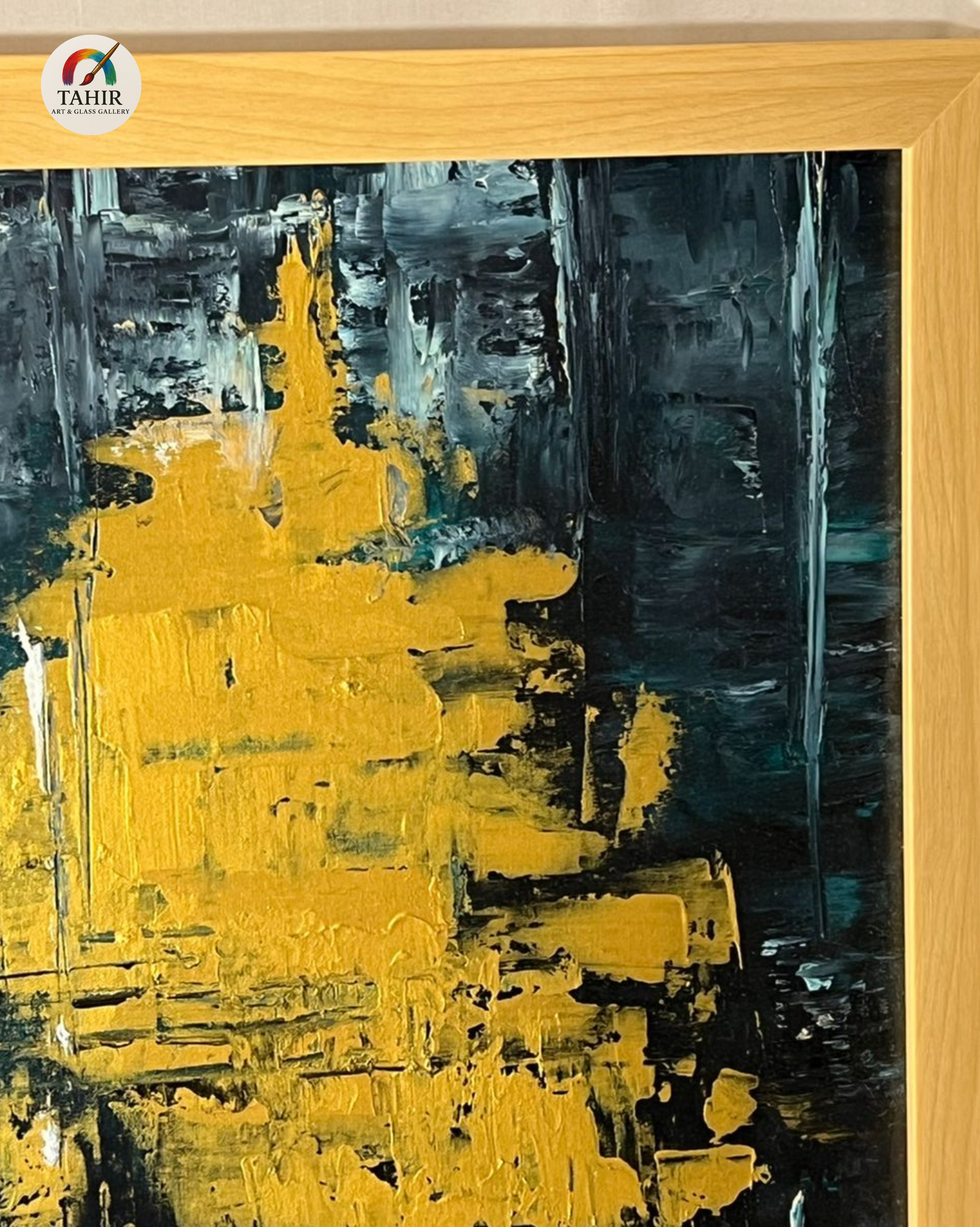 Teal & Yellow Abstract by Zafar Iqbal – 24x48" Framed Canvas