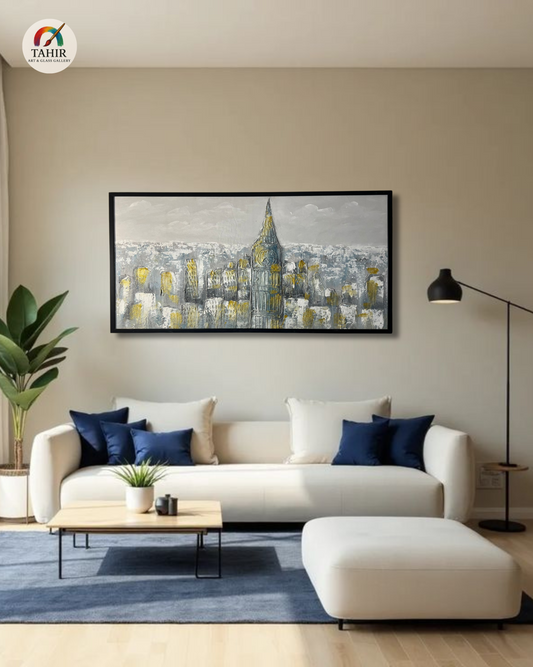 Urban Skyline in Grey & Gold – 24x48" Framed Canvas