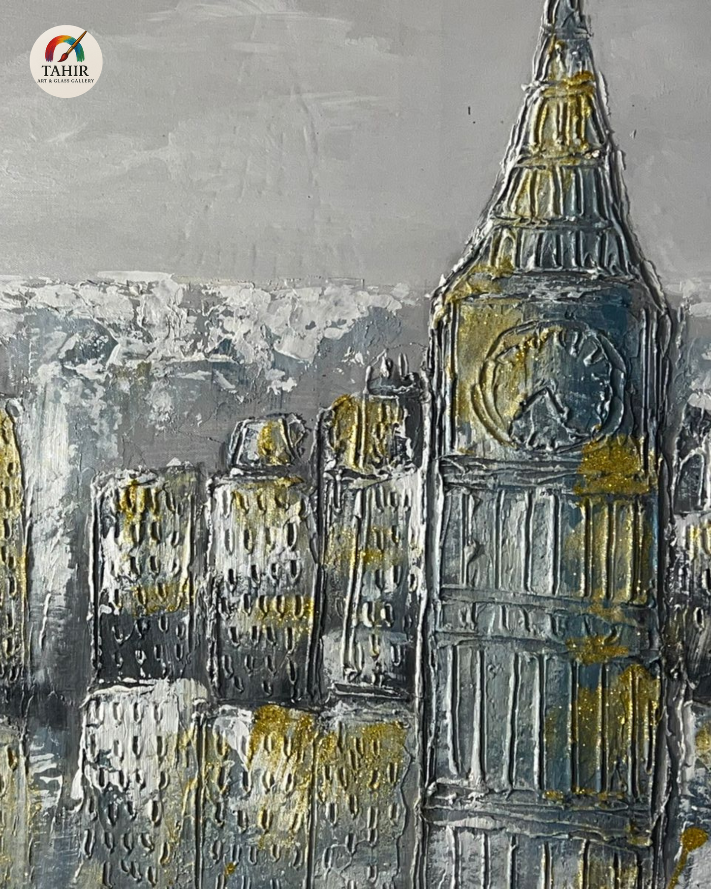Urban Skyline in Grey & Gold – 24x48" Framed Canvas