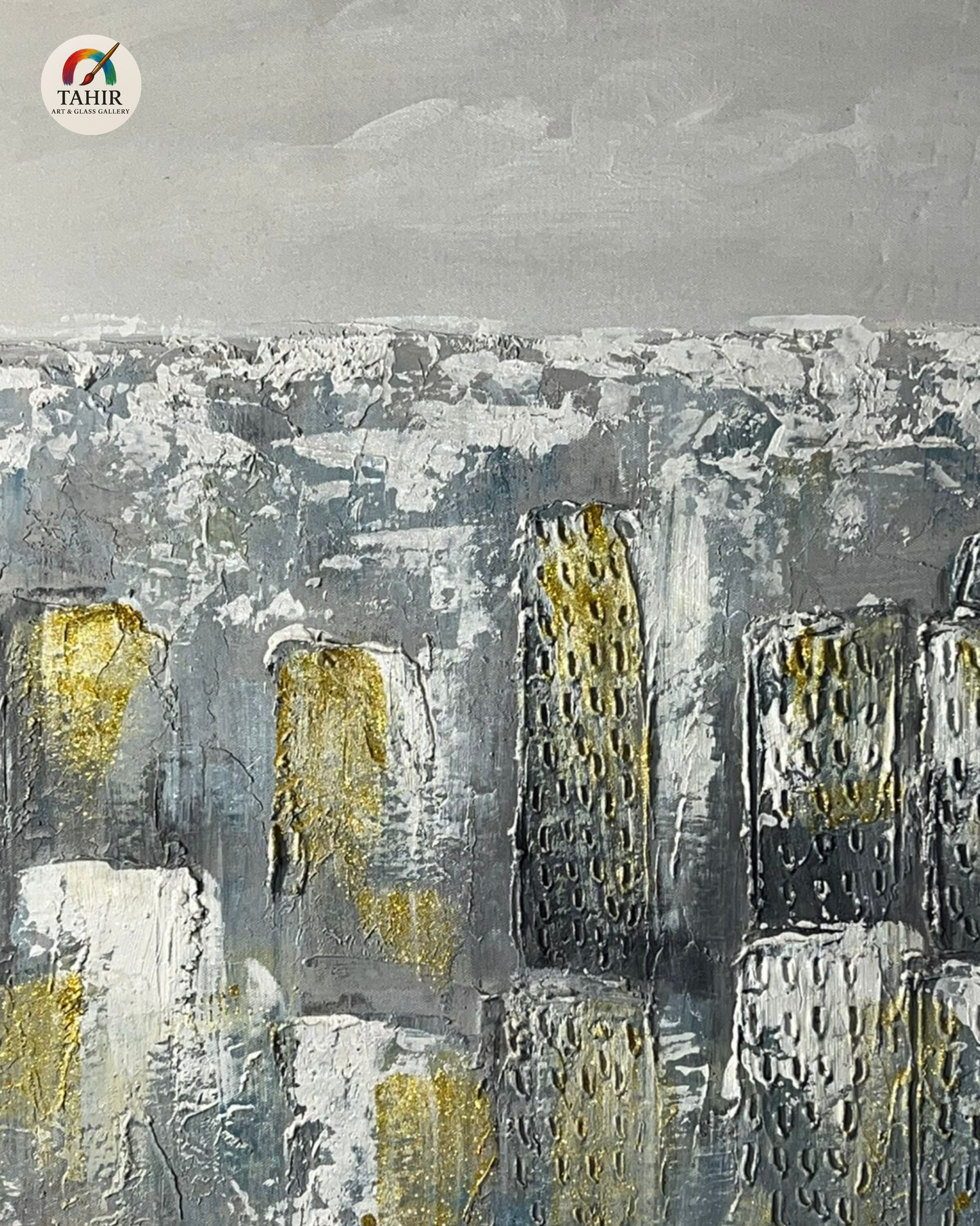 Urban Skyline in Grey & Gold – 24x48" Framed Canvas