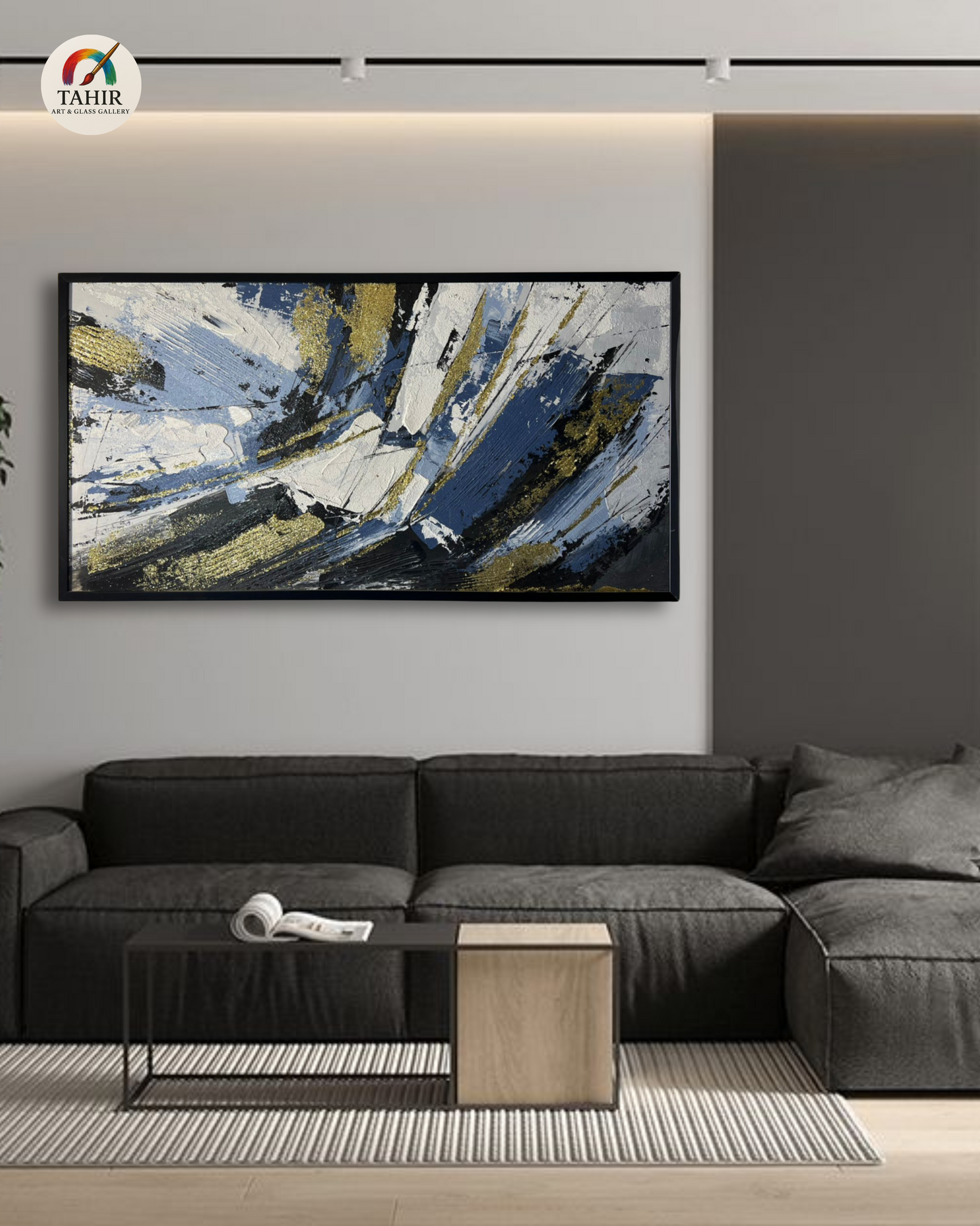 Bold Strokes – Blue, White & Gold Abstract | 24x48" Canvas