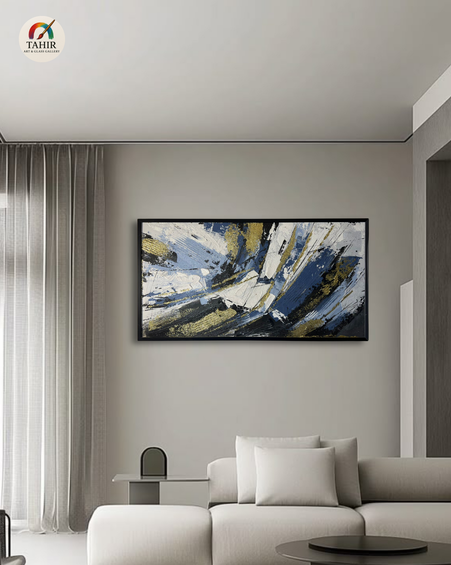 Bold Strokes – Blue, White & Gold Abstract | 24x48" Canvas