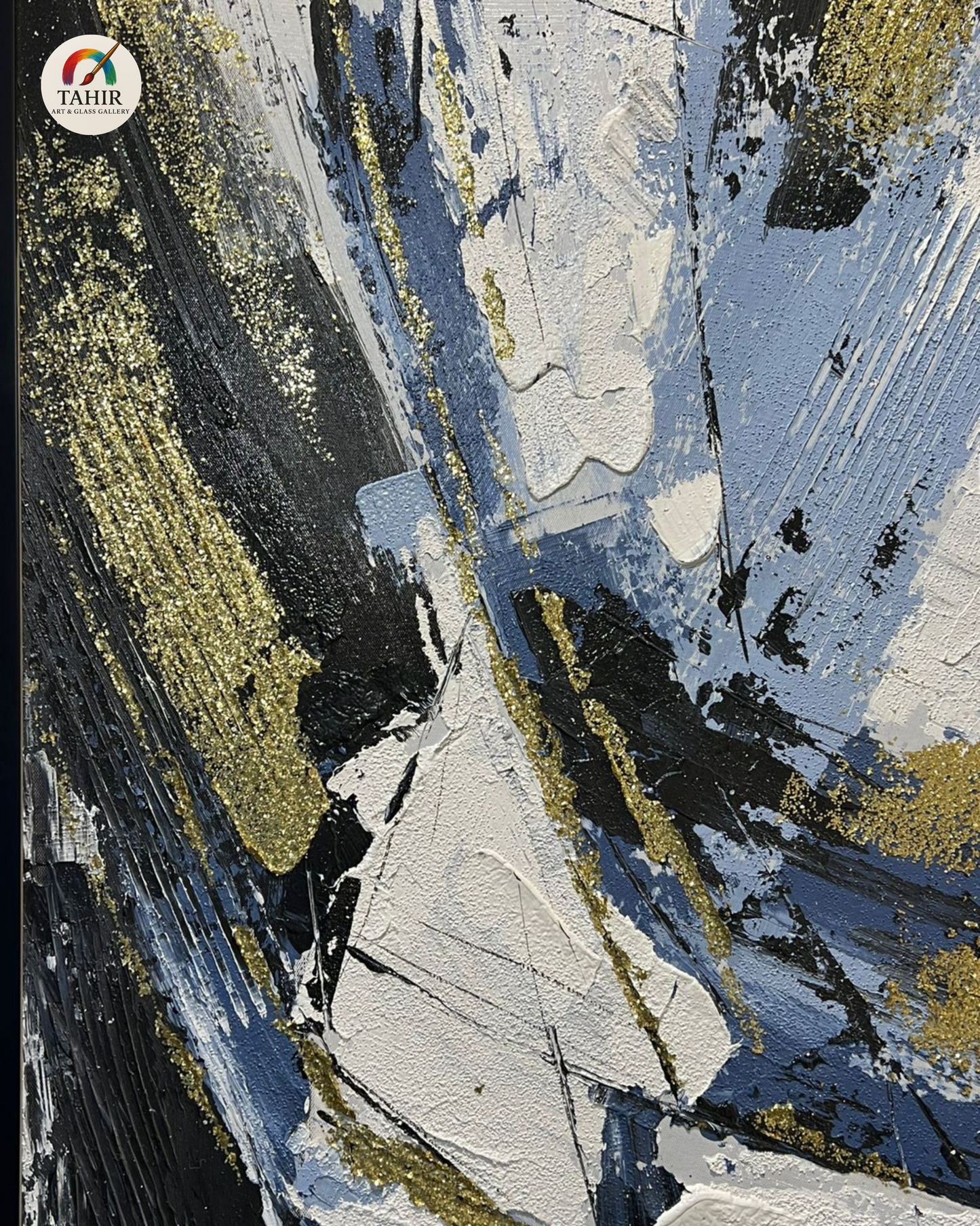 Bold Strokes – Blue, White & Gold Abstract | 24x48" Canvas