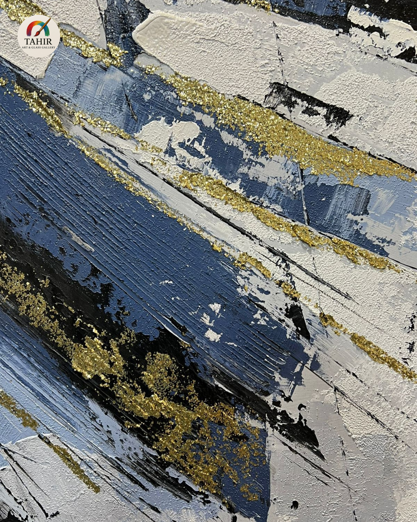 Bold Strokes – Blue, White & Gold Abstract | 24x48" Canvas