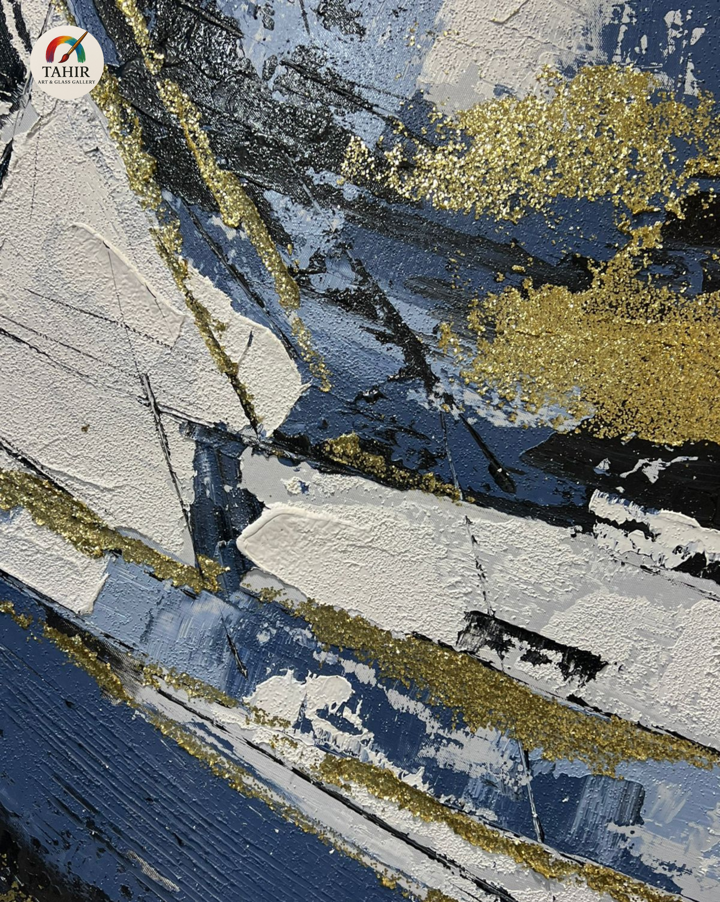 Bold Strokes – Blue, White & Gold Abstract | 24x48" Canvas
