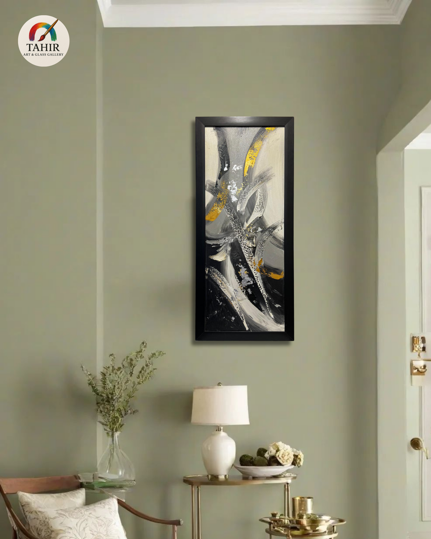 Black & Gold Abstract Art – 24x48" | Vertical Modern Painting