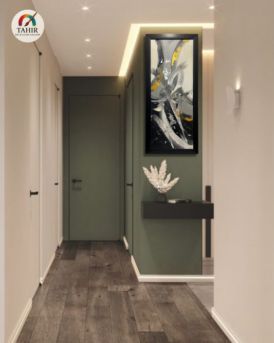 Black & Gold Abstract Art – 24x48" | Vertical Modern Painting