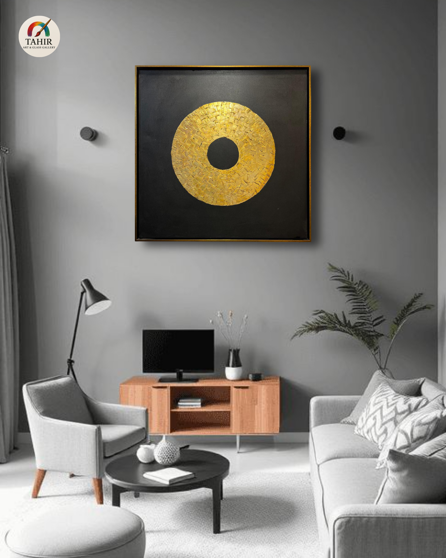 Golden Textured Circle Abstract Painting – Modern Wall Art