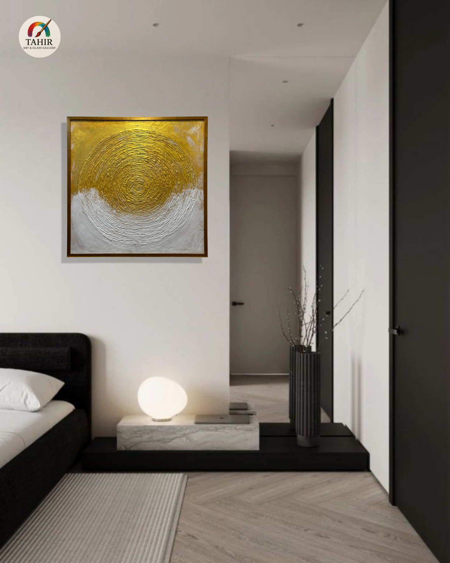 Golden & White Textured Circle Abstract Painting – Luxury Wall Art 30 × 30 inches
