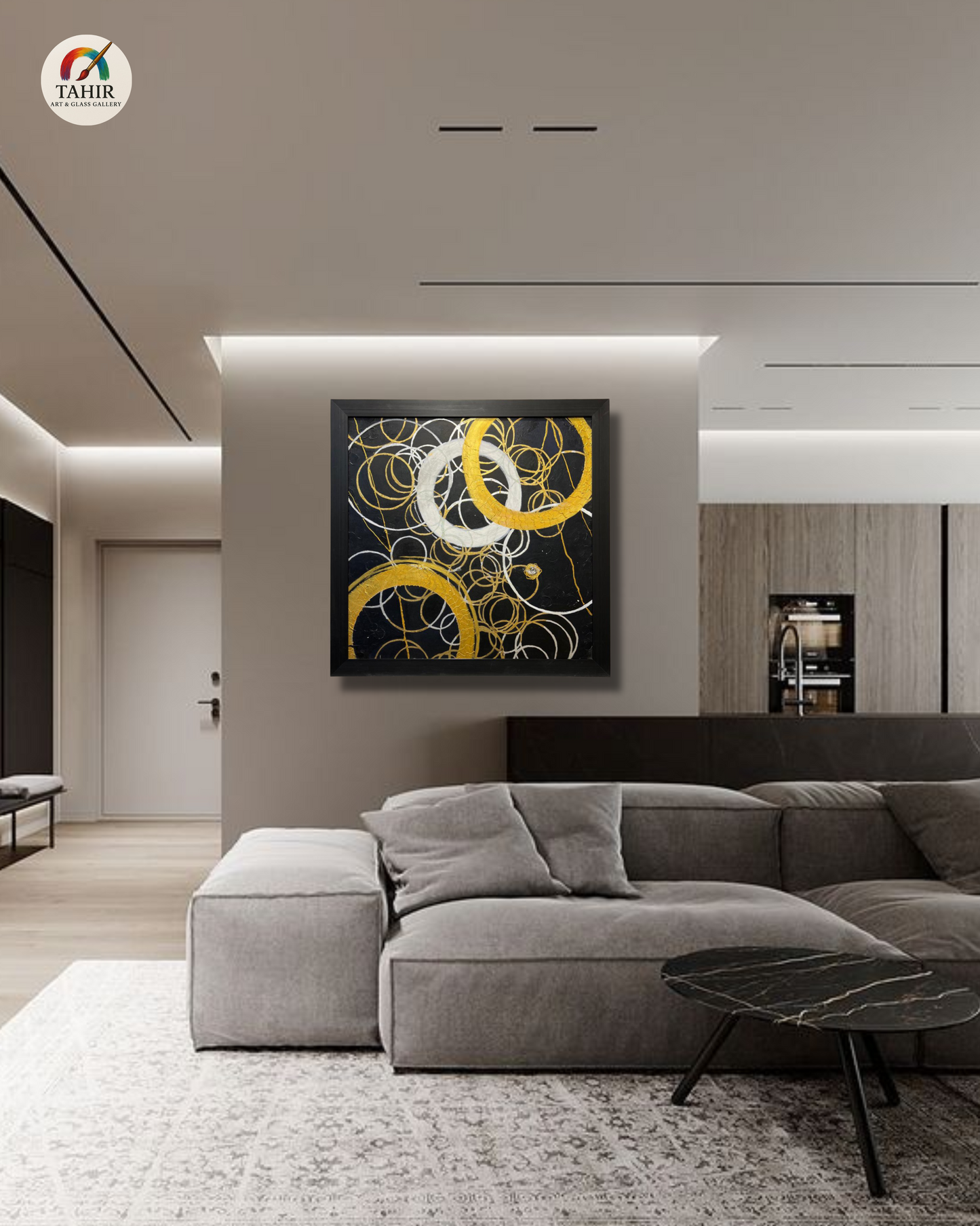 Modern Abstract Circle Art – Black, Gold & White (Imported Canvas Painting) 42 × 42 inches