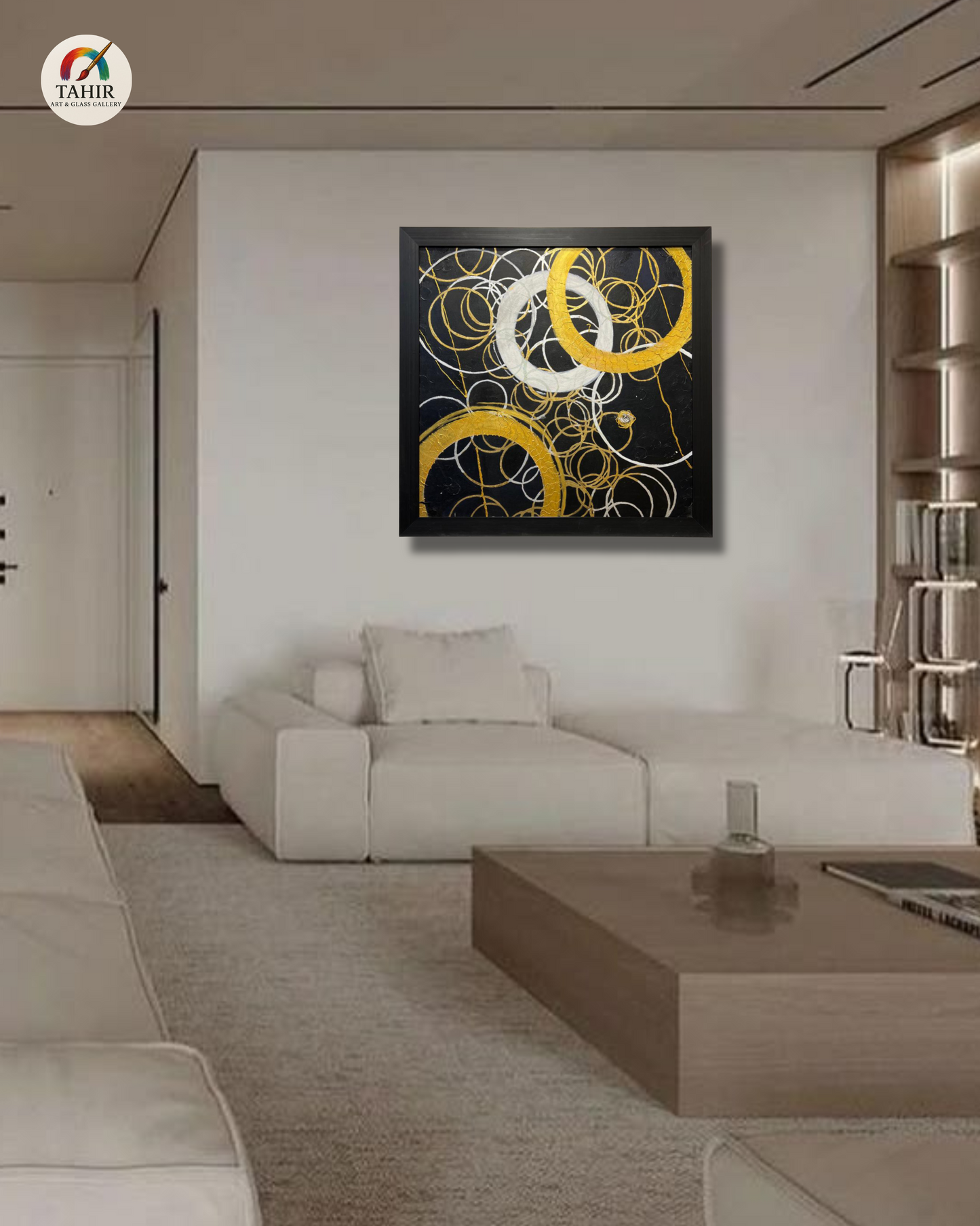 Modern Abstract Circle Art – Black, Gold & White (Imported Canvas Painting) 42 × 42 inches