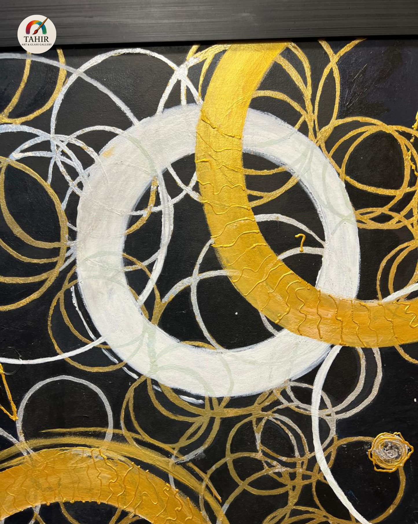 Modern Abstract Circle Art – Black, Gold & White (Imported Canvas Painting) 42 × 42 inches