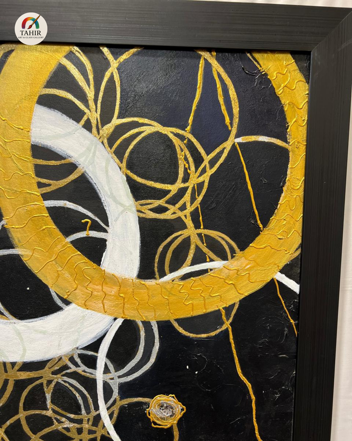 Modern Abstract Circle Art – Black, Gold & White (Imported Canvas Painting) 42 × 42 inches