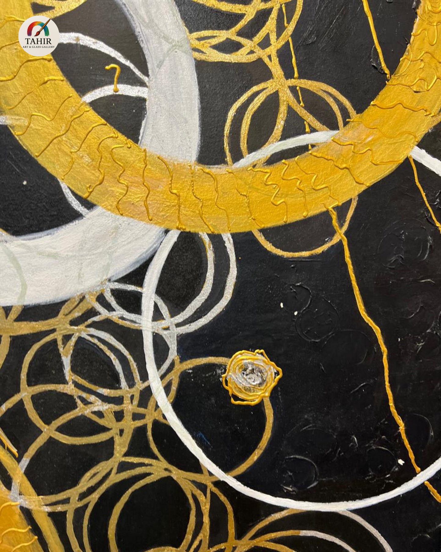 Modern Abstract Circle Art – Black, Gold & White (Imported Canvas Painting) 42 × 42 inches